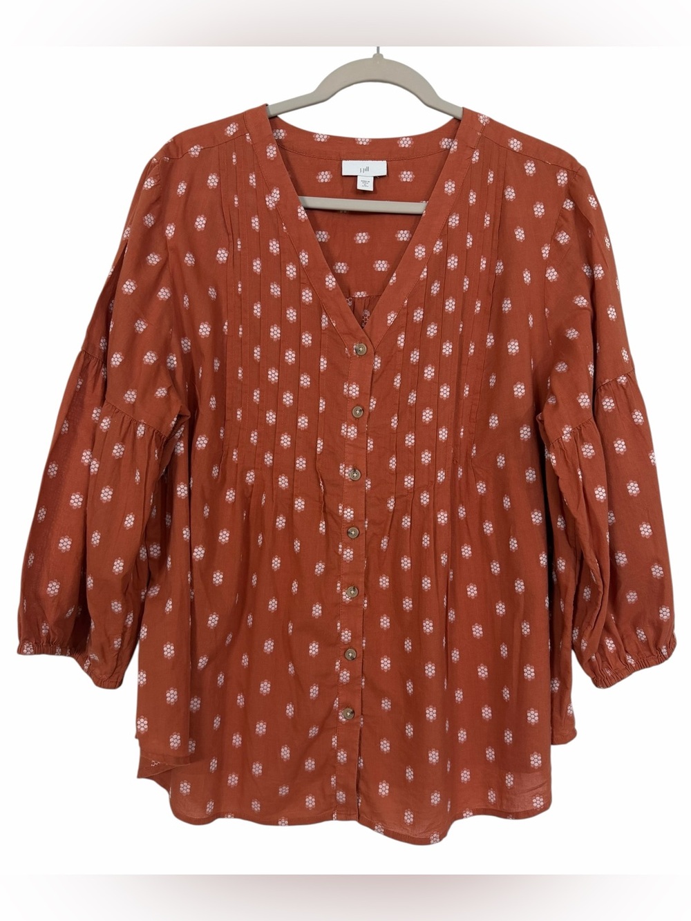 J.Jill Button Front Peasant Blouse Top Rust Orange Floral Prairie XL Petite